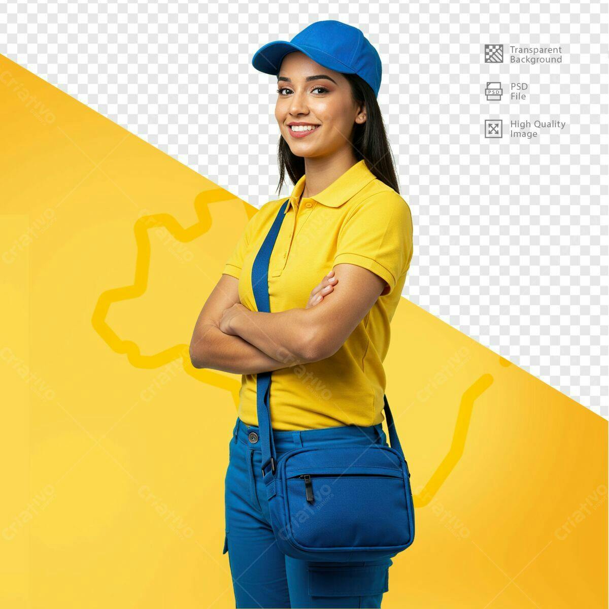Mockup Entregadora com Bolsa Azul e Amarelo PSD Editável