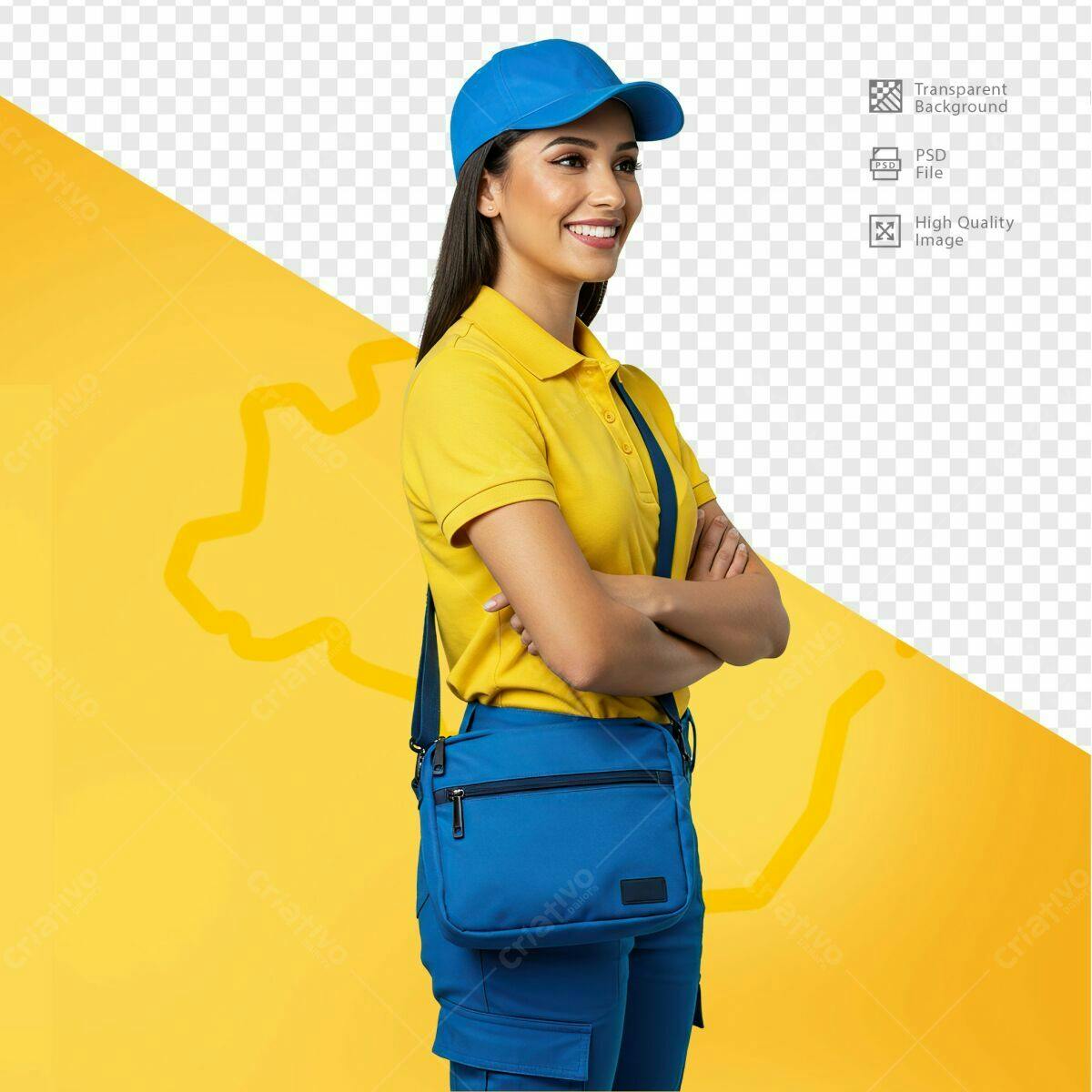 Mockup Entregadora com Bolsa Amarela e Azul PSD Editável