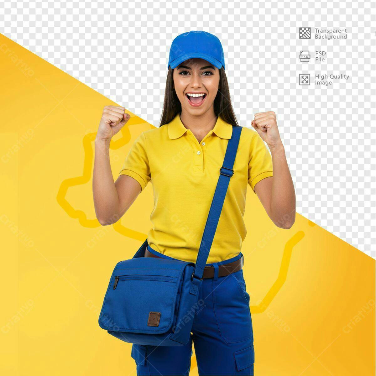PSD Mockup Entregadora com Bolsa Amarela e Azul PSD Editável