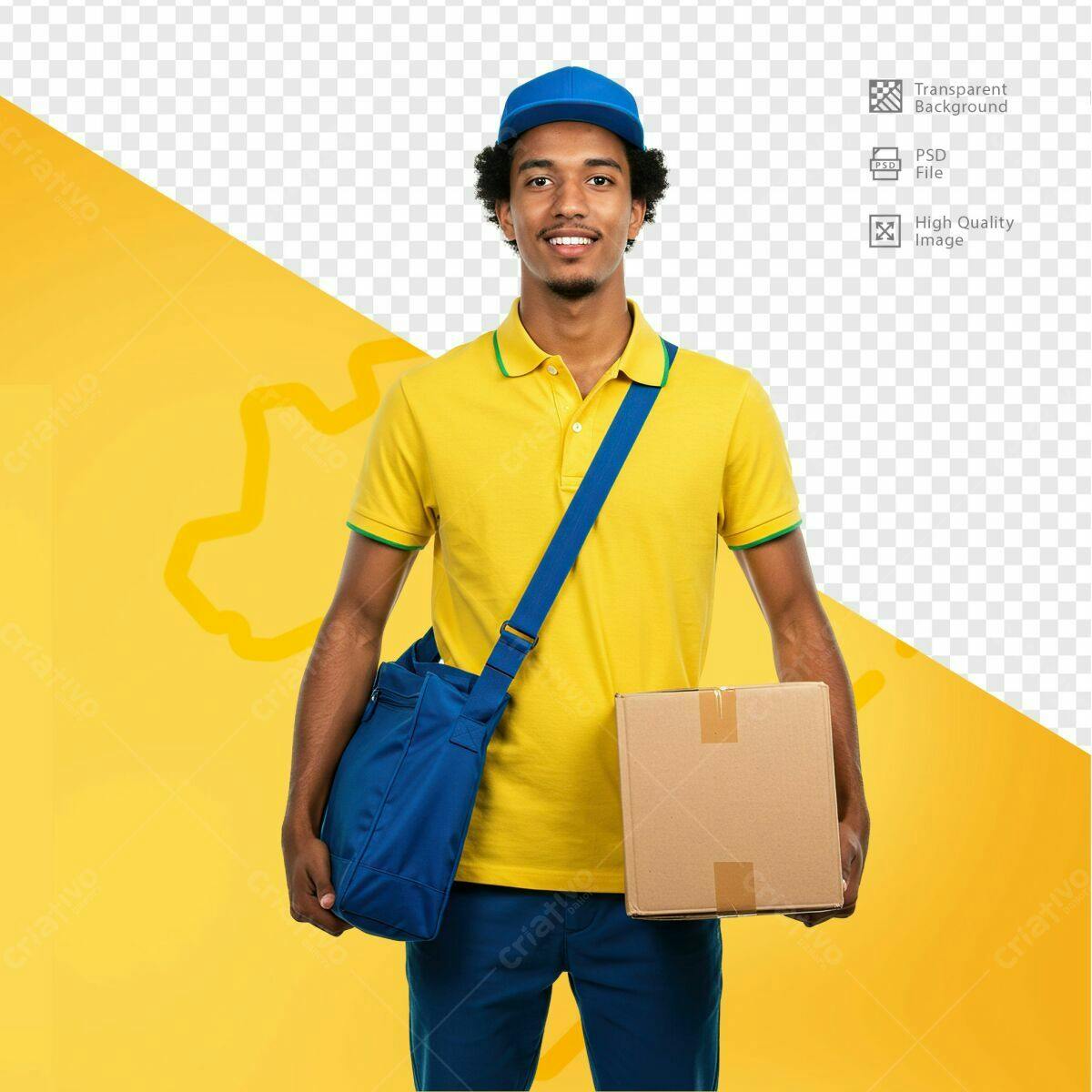 Psd Modelo Entregador com Caixa e Bolsa Azul para Delivery PSD Editável
