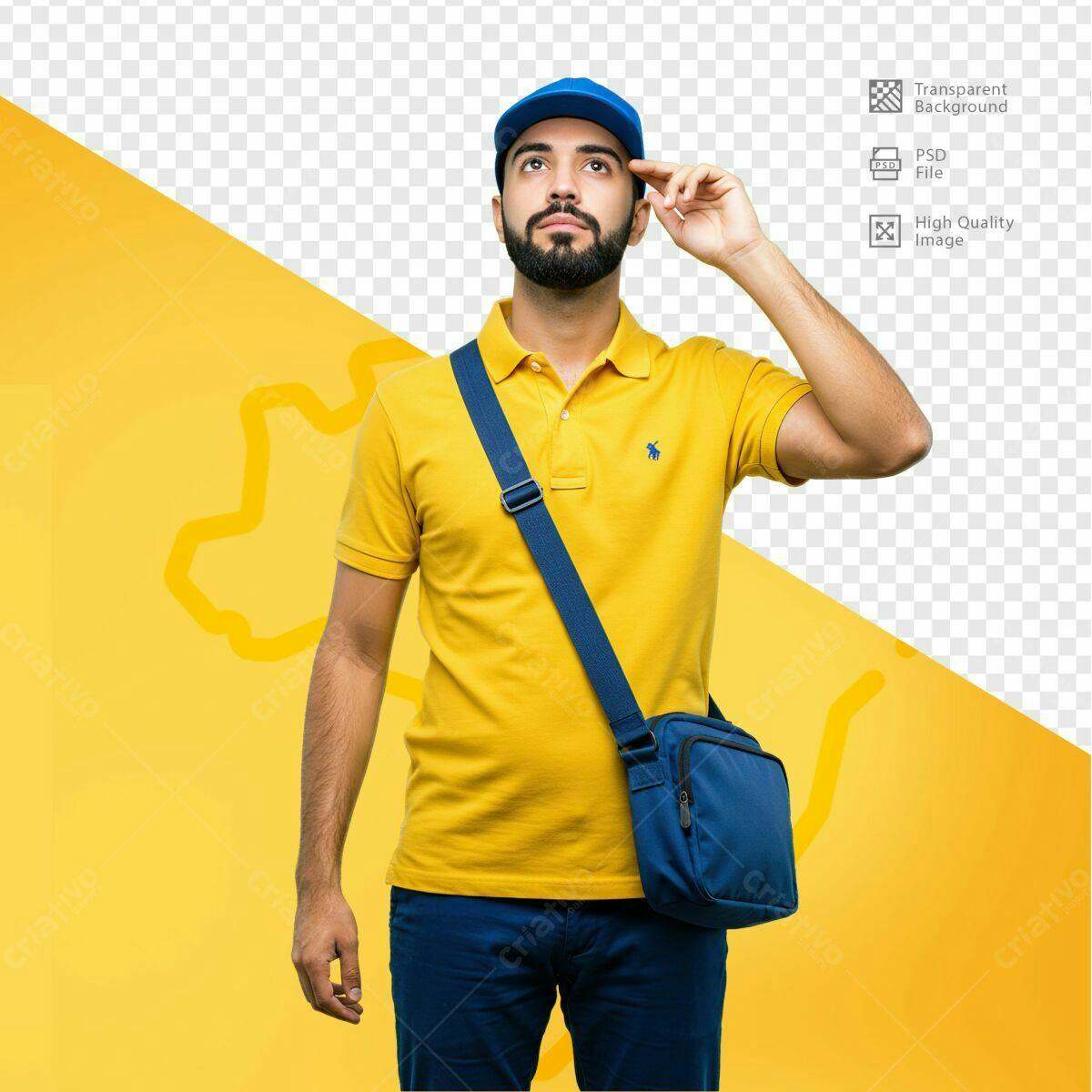 PSD Mockup Entregador com Bolsa Amarela e Azul