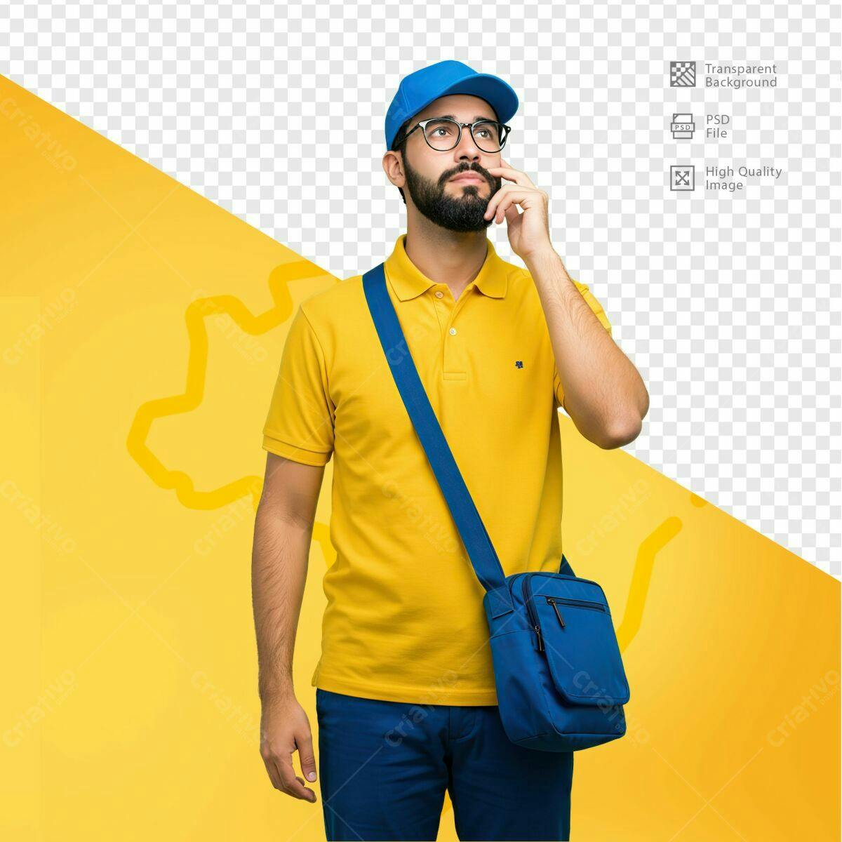 PSD Mockup de Entregador com Bolsa Azul e Amarelo