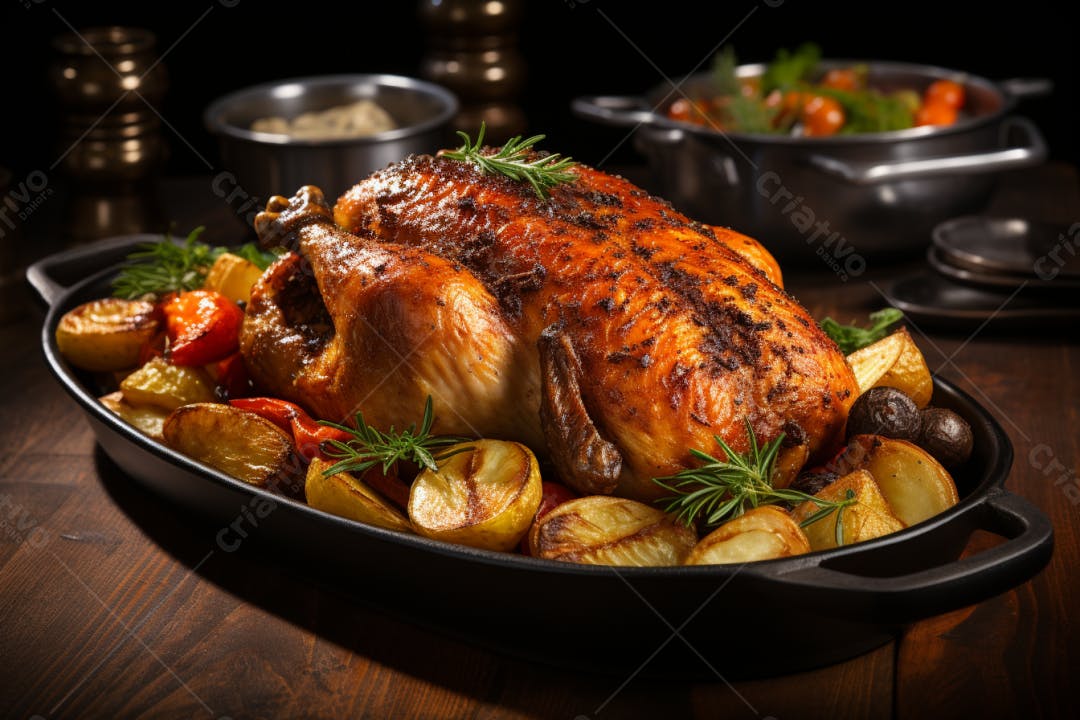 Frango assado com batatas e legumes