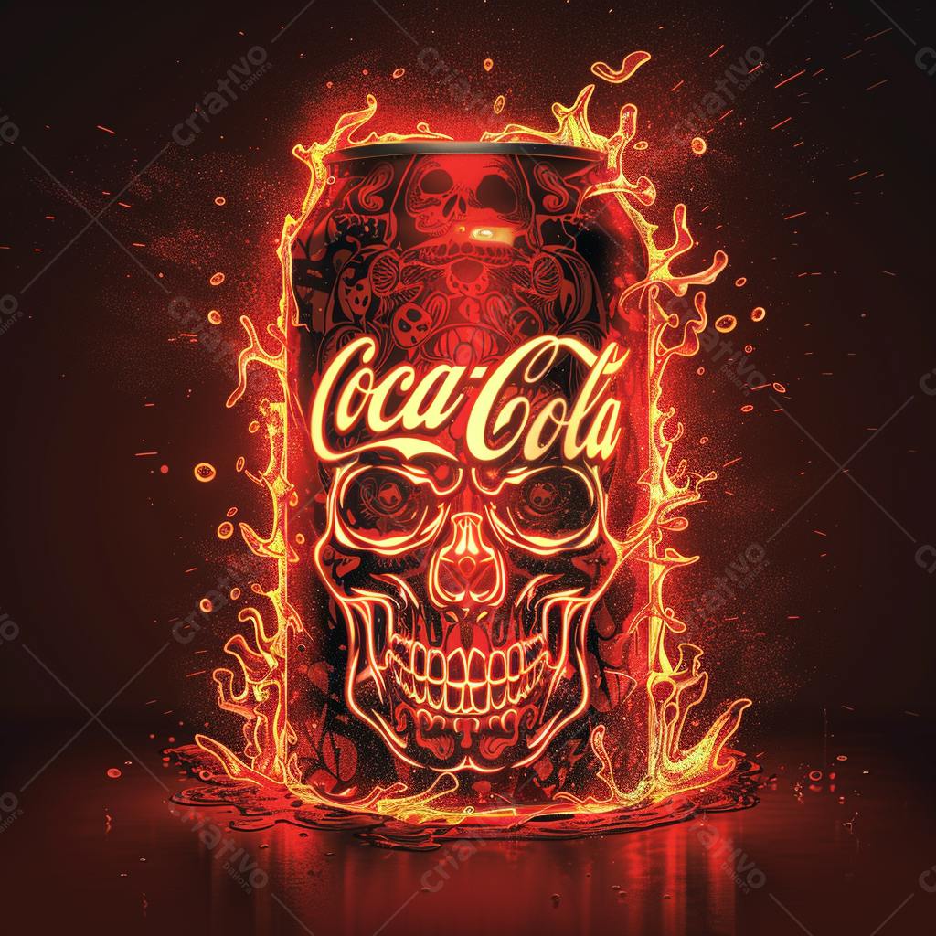 Lata Coca-Cola com caveira em chamas
