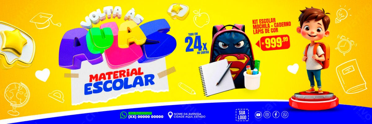 Banner Volta às Aulas Material Escolar PSD Editável