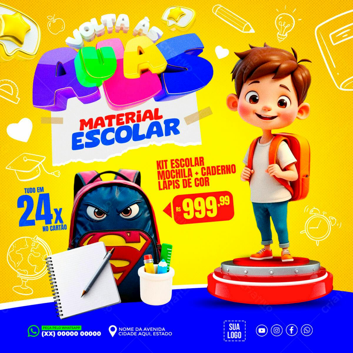 Flyer Volta às Aulas Material Escolar PSD Editável