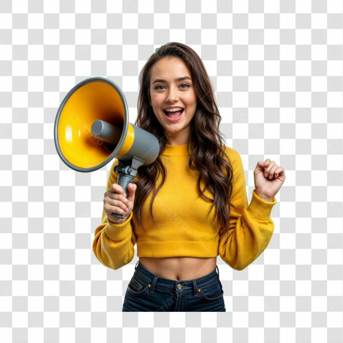Imagem PNG com fundo transparente Mulher segurando megafone amarelo