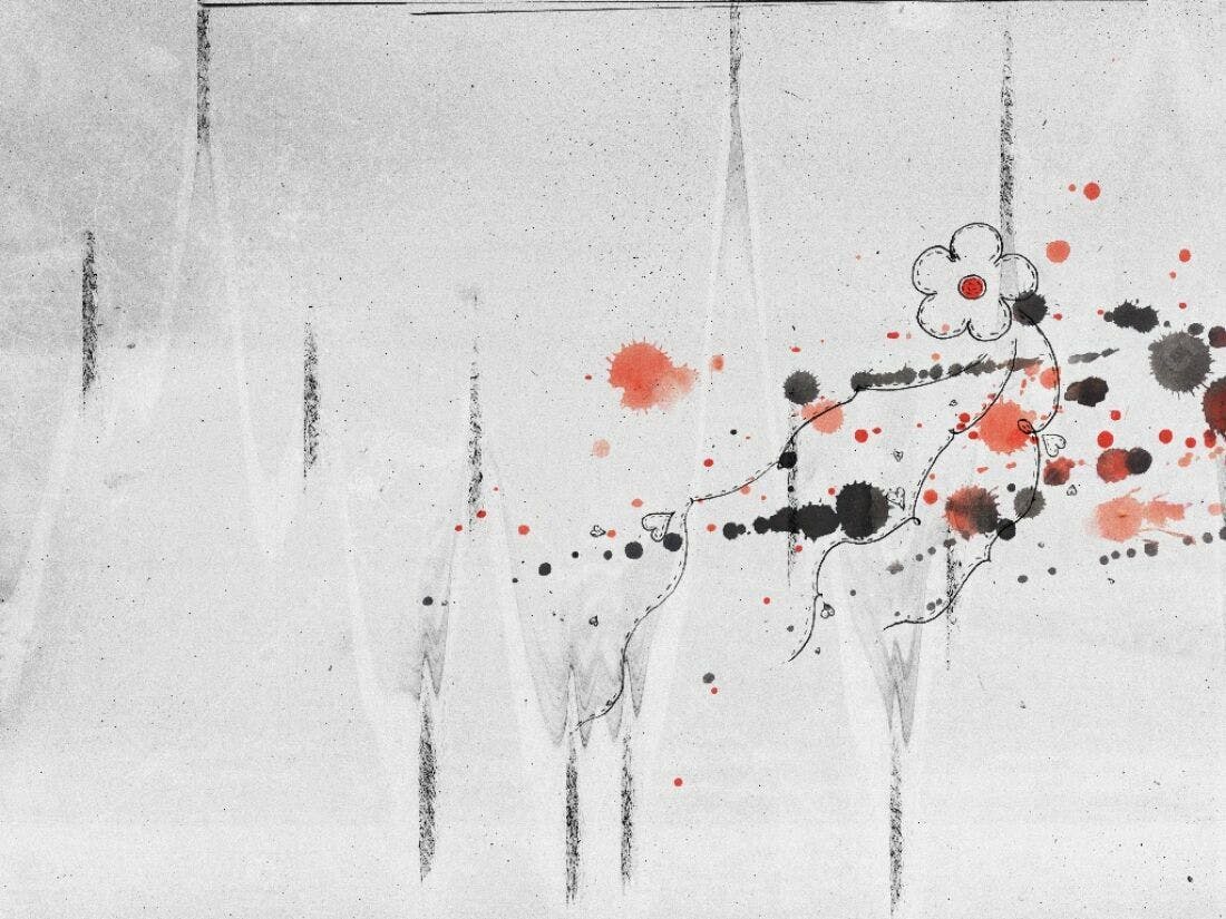 Arte Abstrata com Flores e Pingos Vermelhos