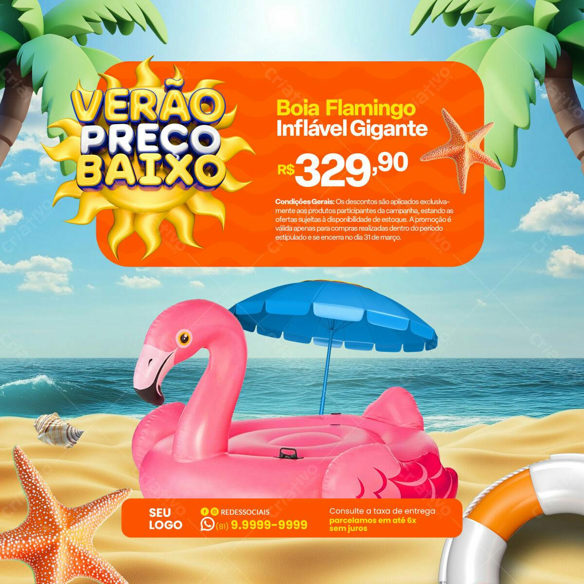 Flyer Verão com Boia Flamingo Inflável Gigante PSD Editável