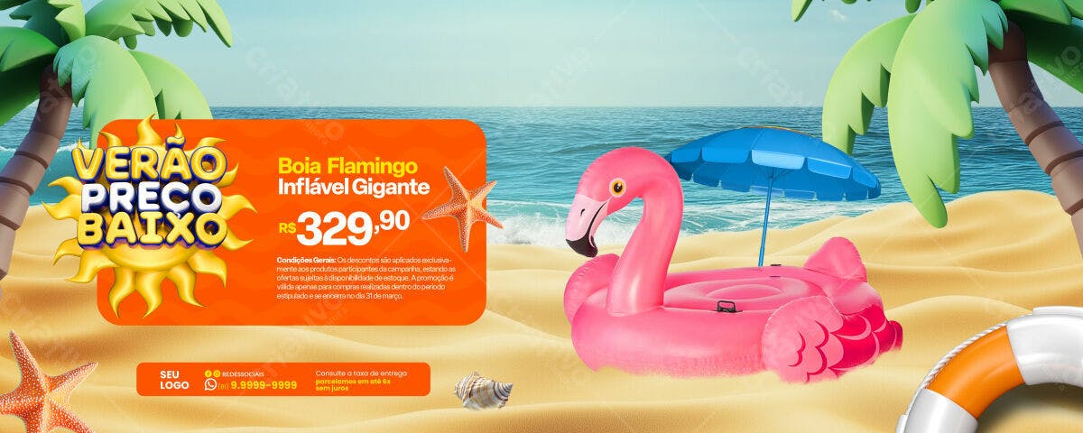 Banner Verão Preço Baixo Boia Flamingo PSD Editável