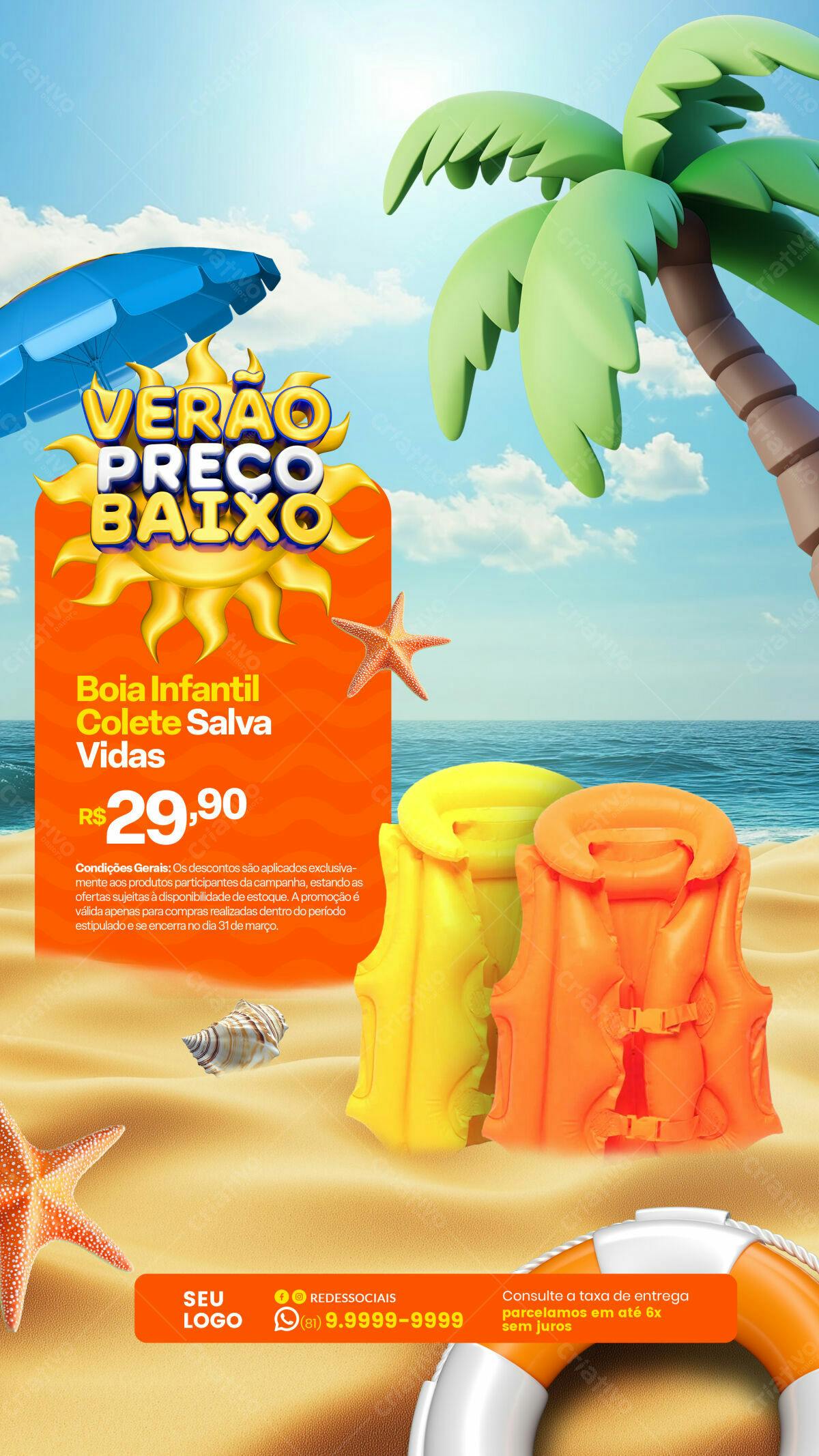 Flyer Verão com Colete Salva-vidas PSD Editável