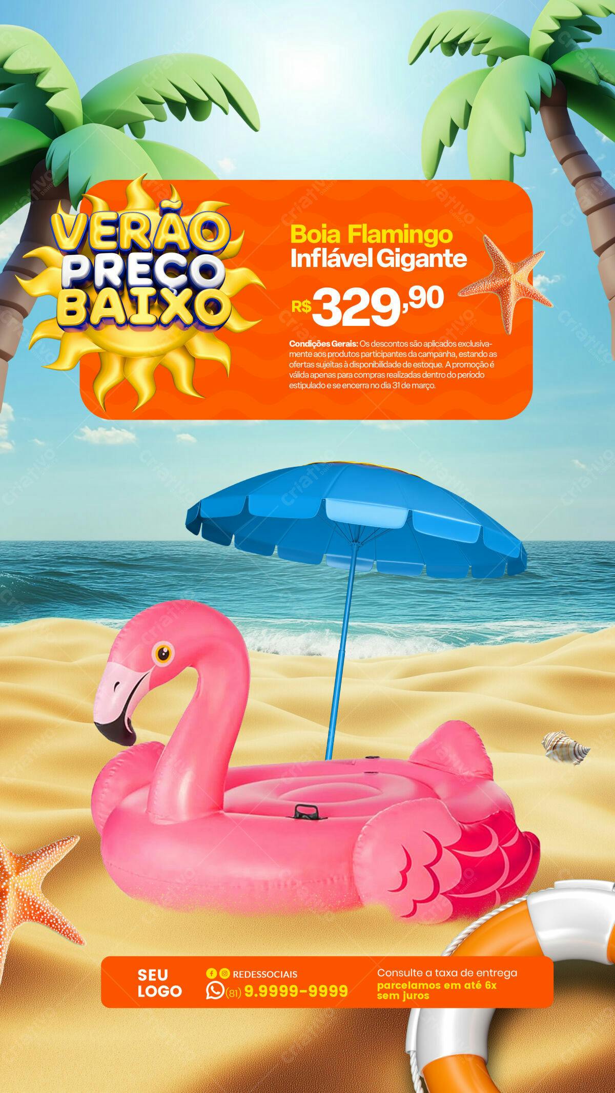 Flyer Verão com Boia Flamingo Inflável PSD Editável