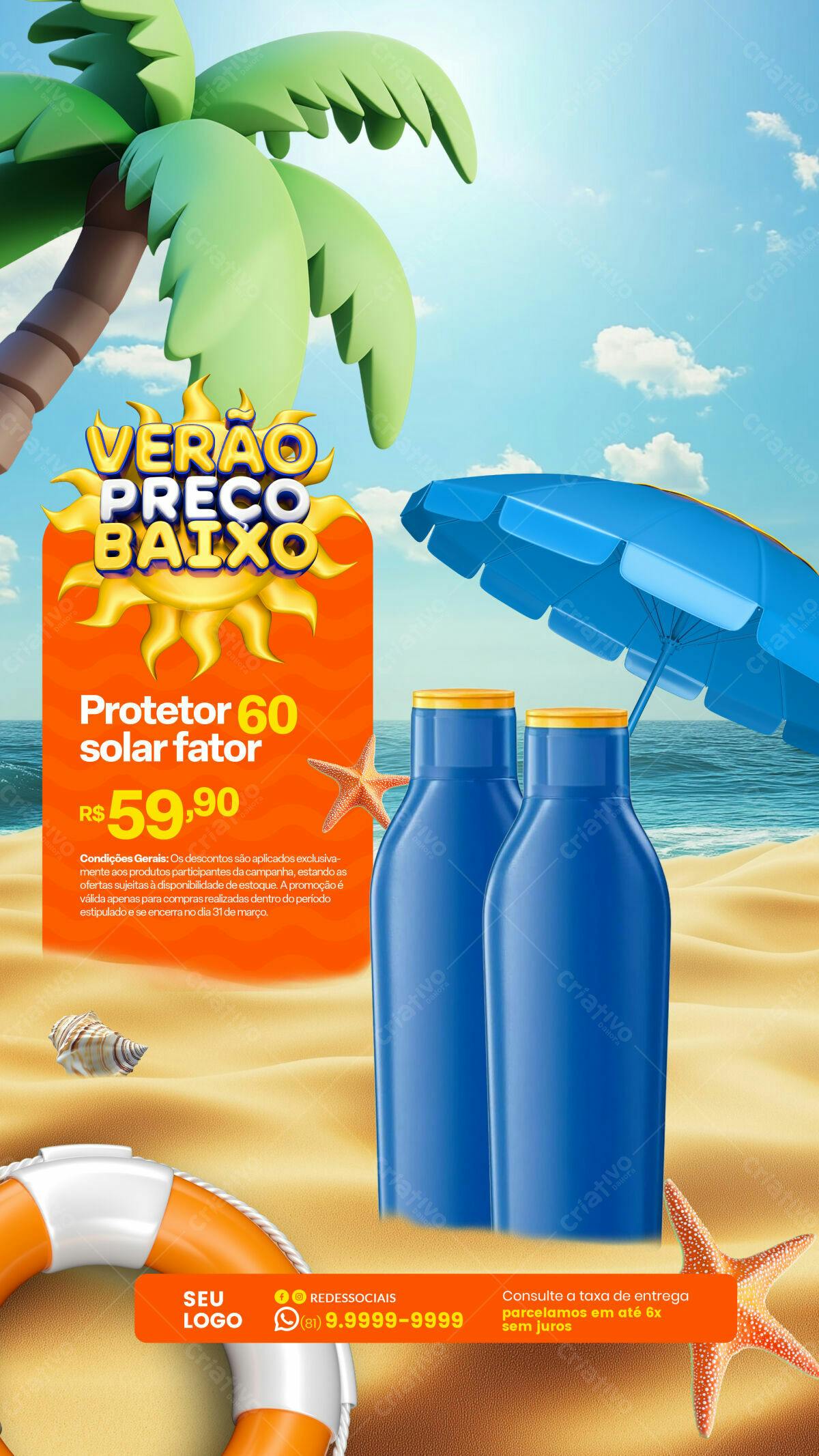Flyer Verão com Promoção de Protetor Solar PSD Editável