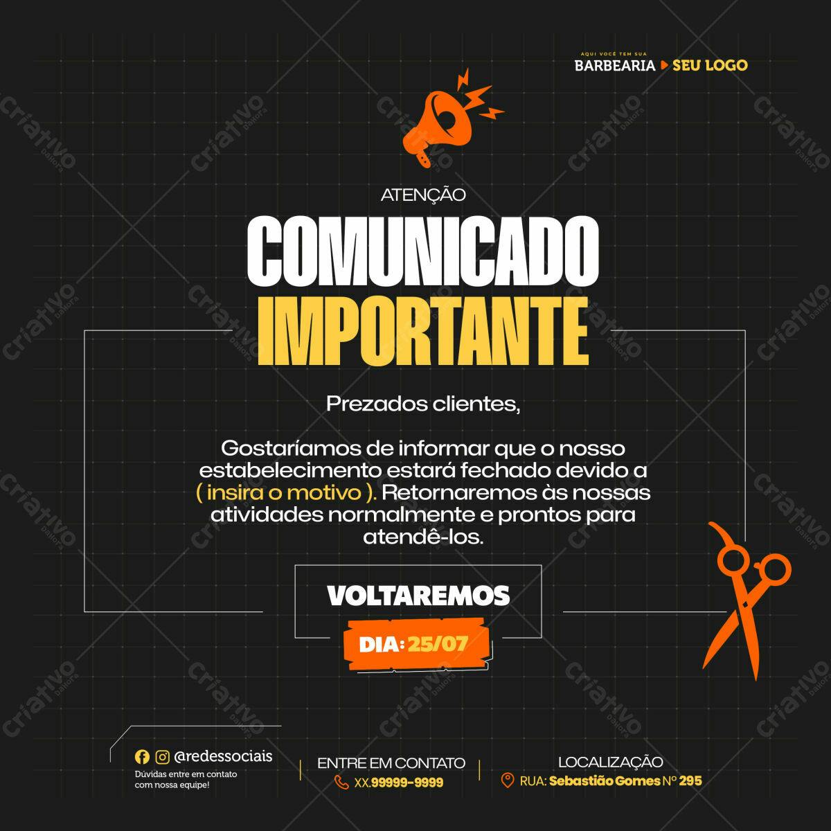 Comunicado de Fechamento Barbeiro PSD Editável