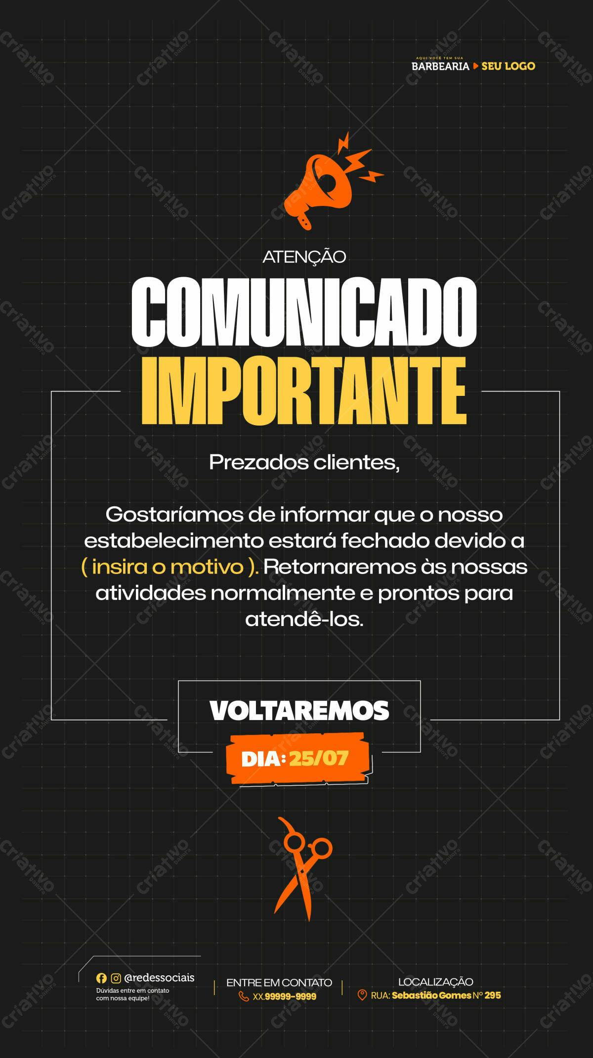 Comunicado de Fechamento Barbeiro PSD Editável
