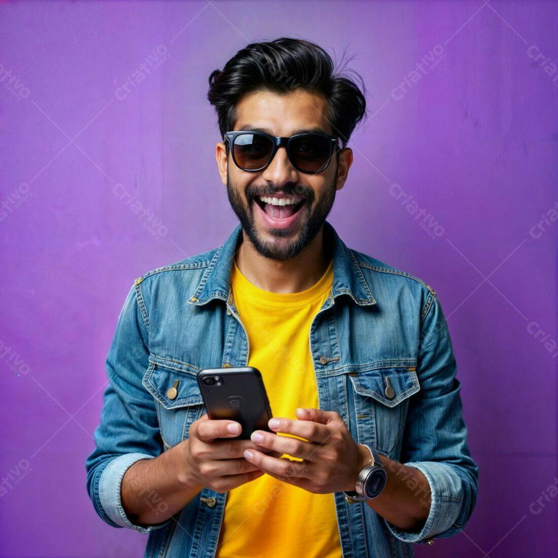 Homem feliz usando celular fundo roxo