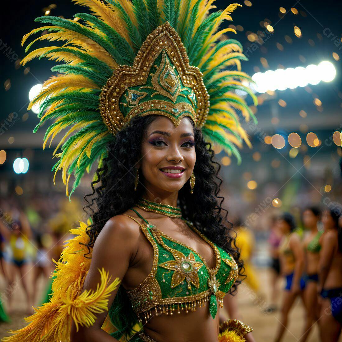 Mulher sorridente em fantasia de Carnaval verde e amarela
