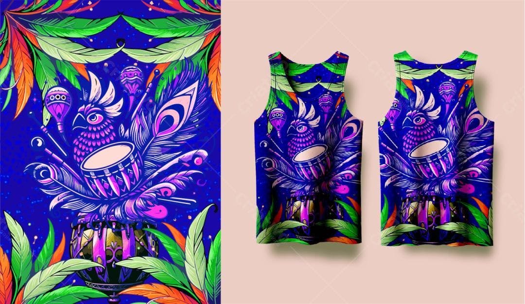 Padrão vetorial tropical com pássaro e instrumentos