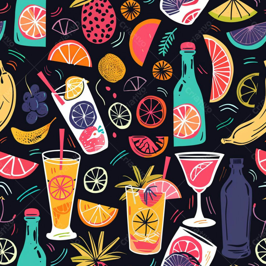 Textura Padrão Tropical Frutas e Drinks para Fundo