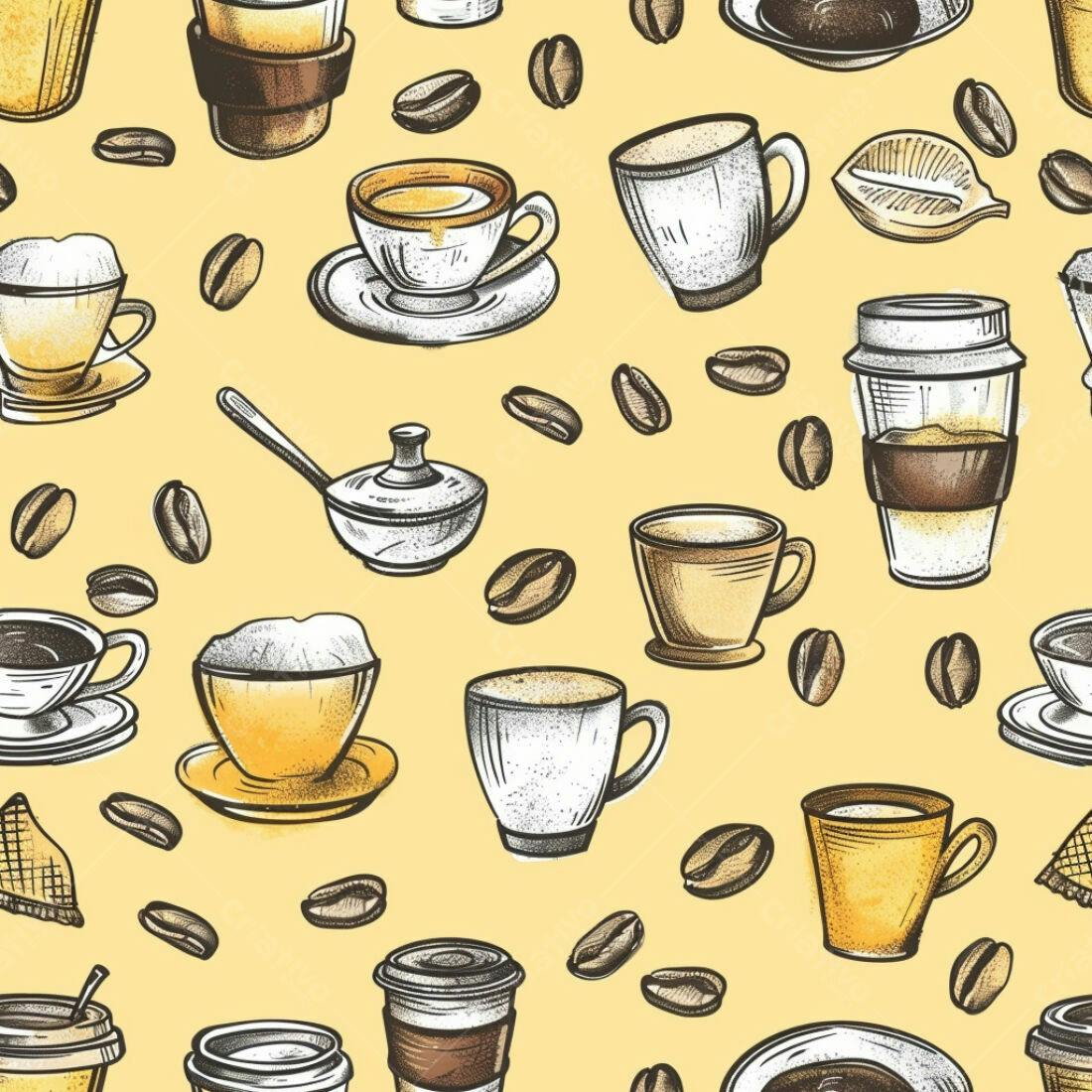 Textura café grãos e xícaras para fundo