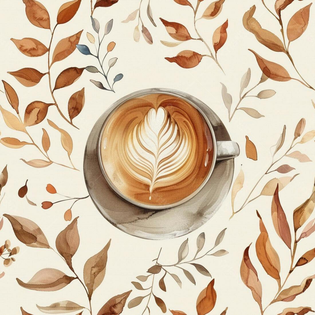 Textura café com arte latte e folhas para fundo