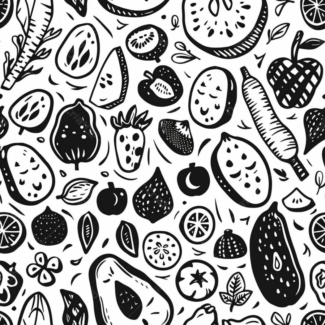 Textura Frutas e Legumes Preto e Branco para Fundo