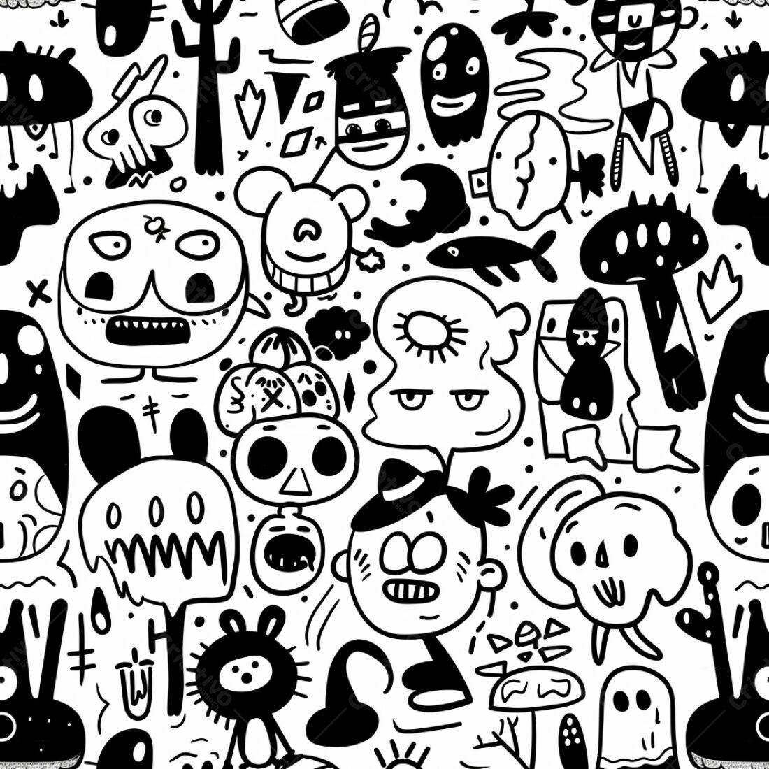 Textura Monstros Cartoon Preto e Branco para Fundo