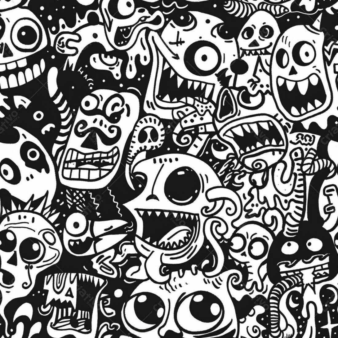 Textura Monstros Cartoon Preto e Branco para Fundo