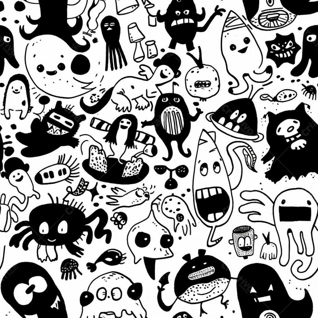 Textura Monstros Cartoon Preto e Branco para Fundo