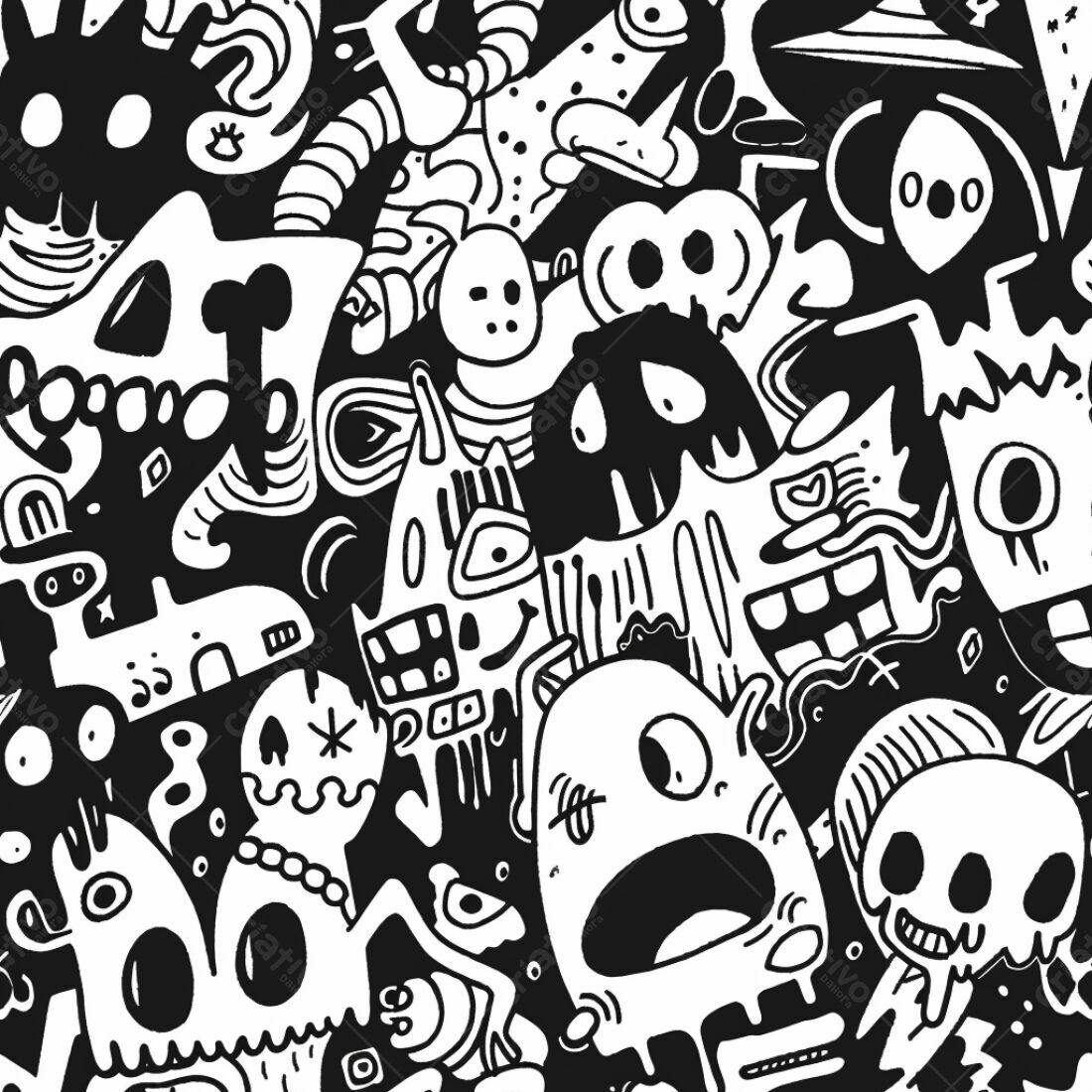 Textura Monstros Cartoon Preto e Branco para Fundo