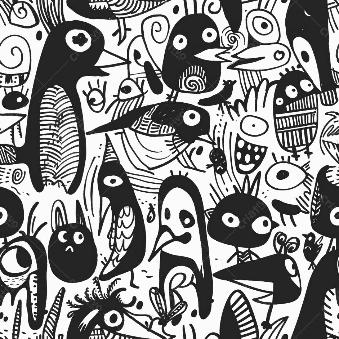 Textura Monstros Cartoon Preto e Branco para Fundo