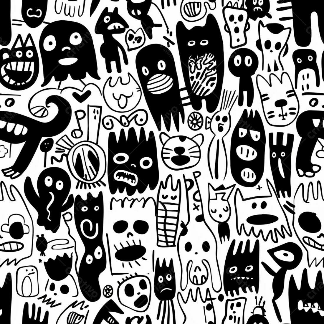 Textura Monstros Cartoon Preto e Branco para Fundo