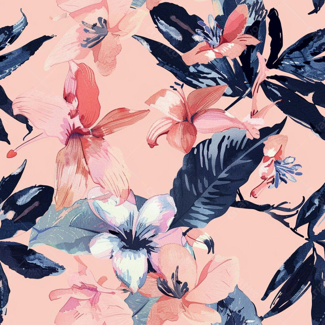Textura Floral Tropical Rosa e Azul para Fundo