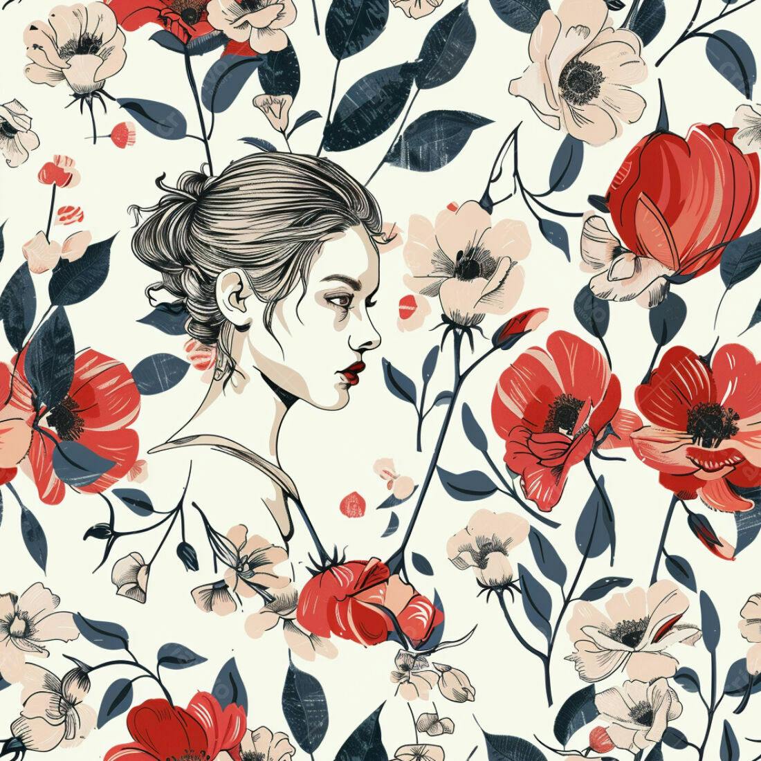 Textura Floral com Rostro para Papel de Parede