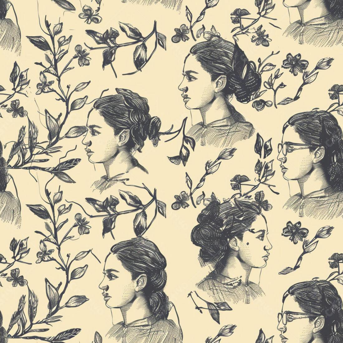 Textura Floral com Rostos para Papel de Parede