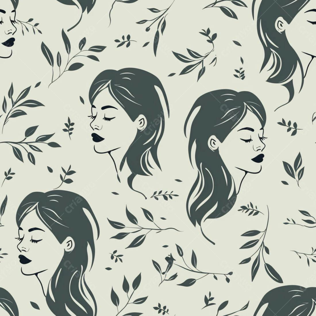 Textura rosto feminino e folhagens para papel de parede