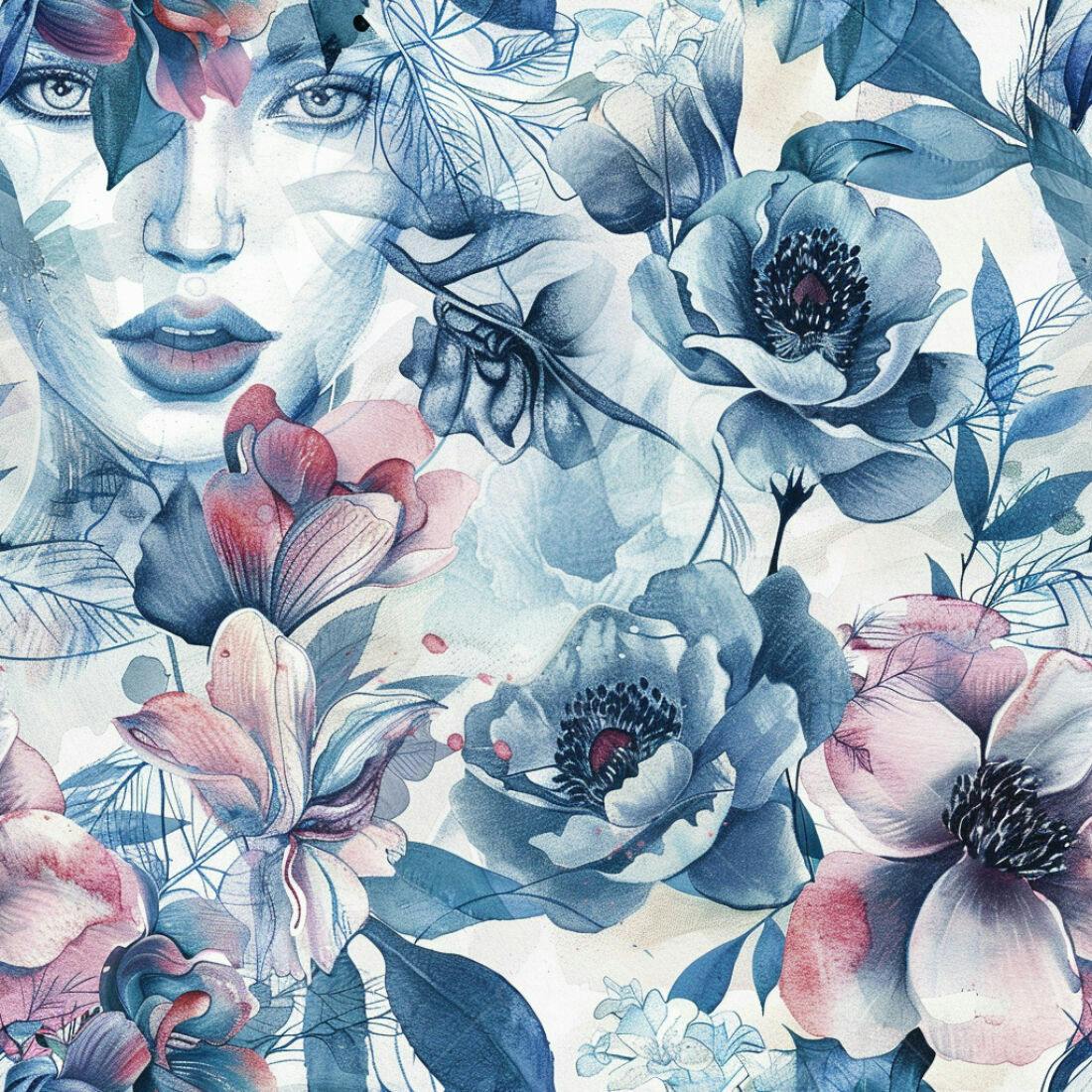 Textura Floral Azul e Rosa para Papel de Parede