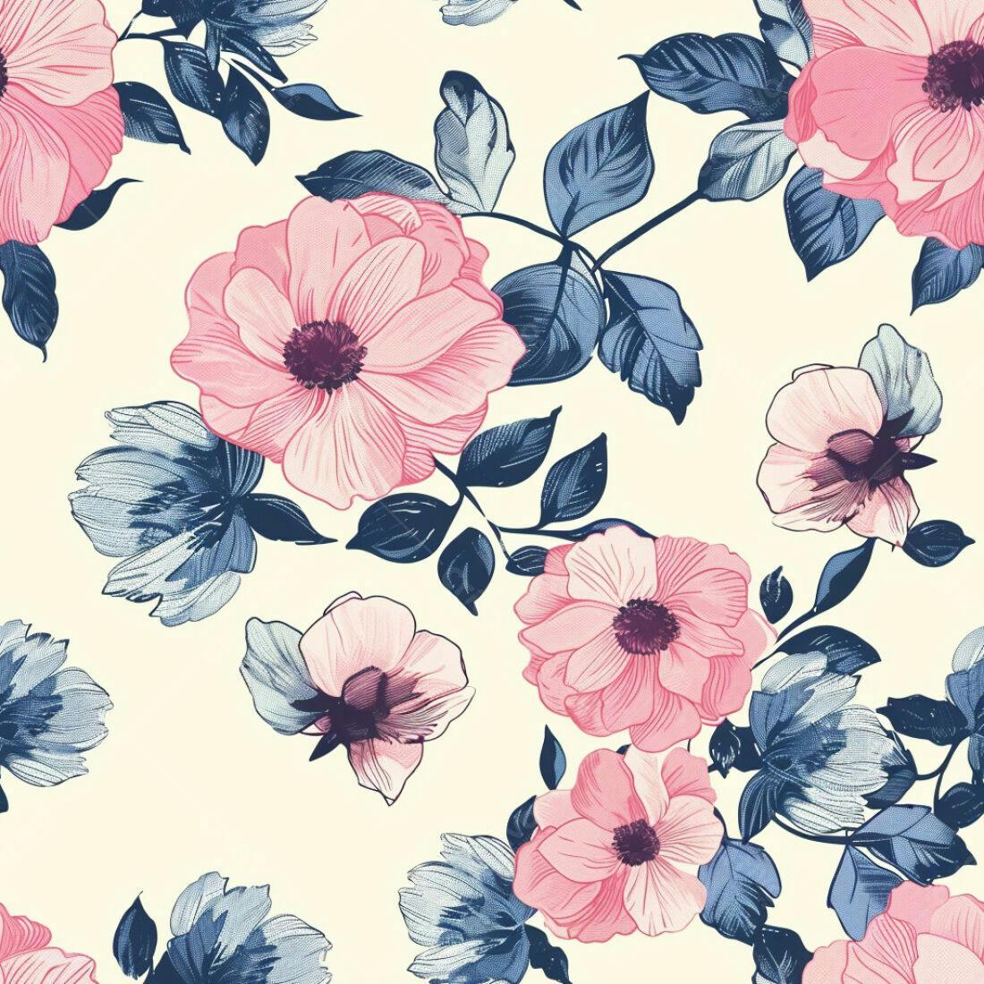 Textura Floral Rosa e Azul para Papel de Parede