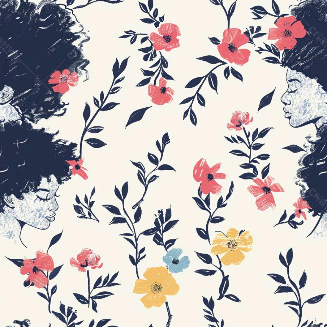 Textura Floral com Rostos para Papel de Parede