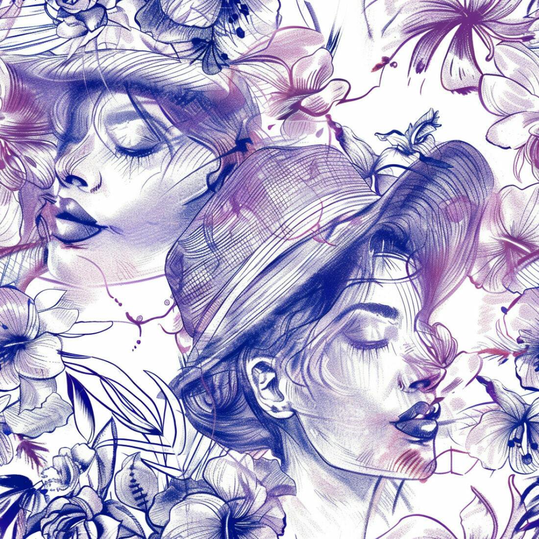 Textura Floral com Rostos para Papel de Parede