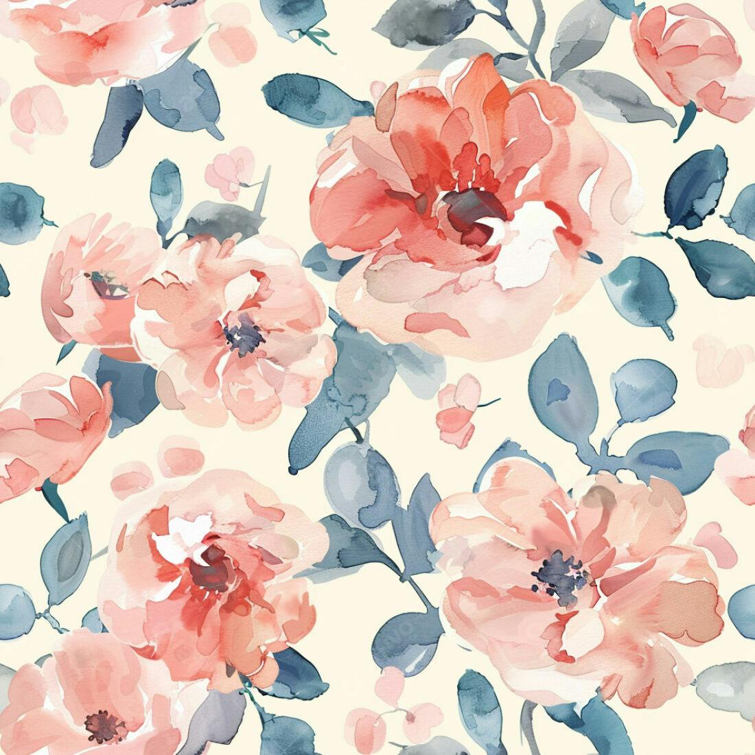 Textura floral aquarela rosa e azul para papel de parede