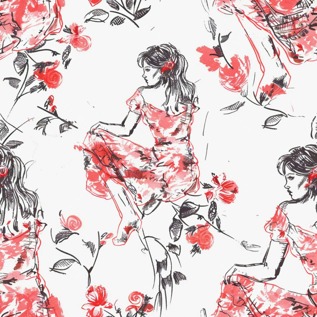 Textura floral com mulheres para papel de parede