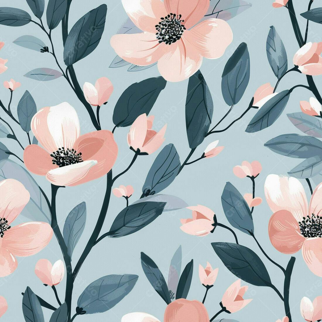 Textura Floral Rosa e Azul para Papel de Parede