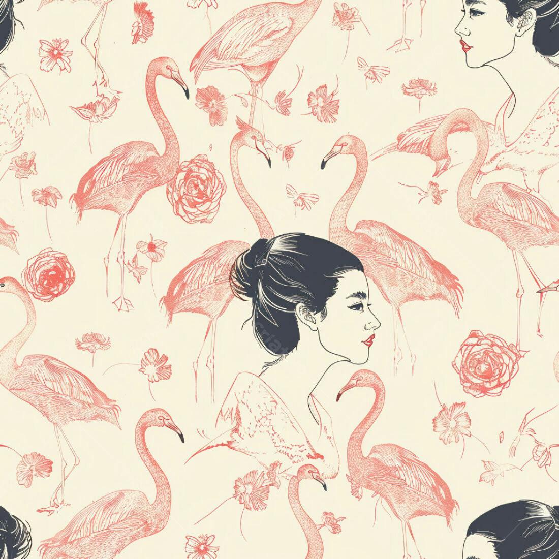 Textura Flamingo e Flores para Papel de Parede
