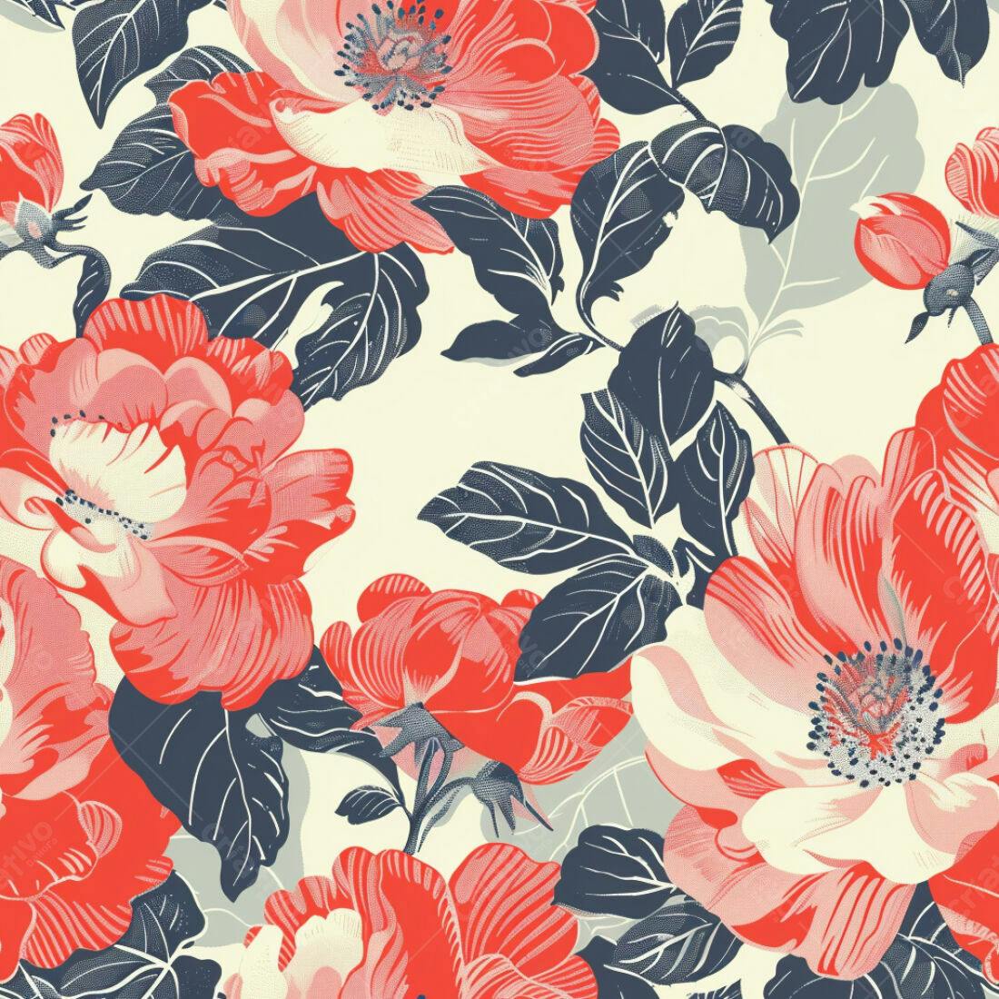 Textura floral vermelho e creme para papel de parede