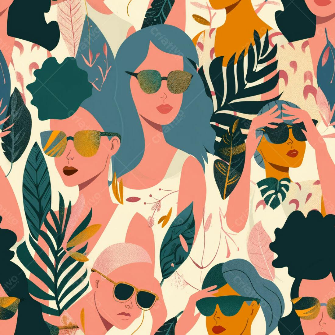 Textura Padrão Tropical com Mulheres para Fundo