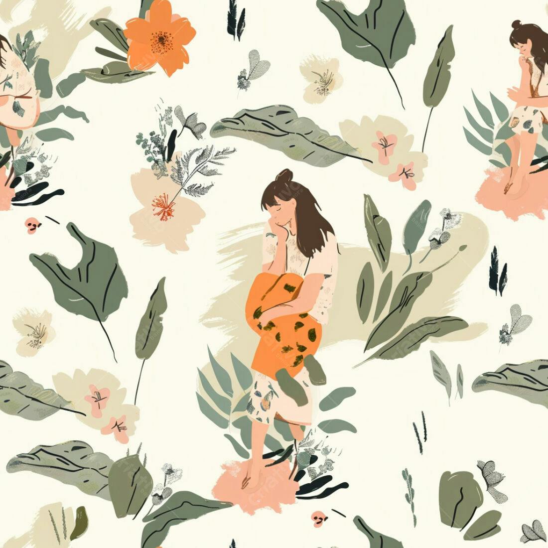 Textura Floral com Meninas para Papel de Parede