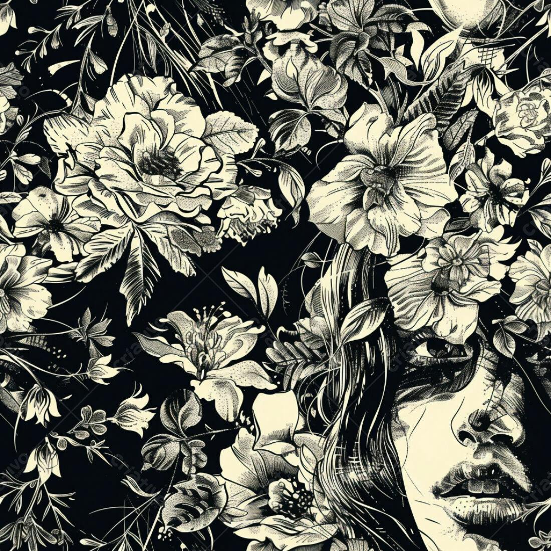 Textura Floral Preto e Bege para Papel de Parede