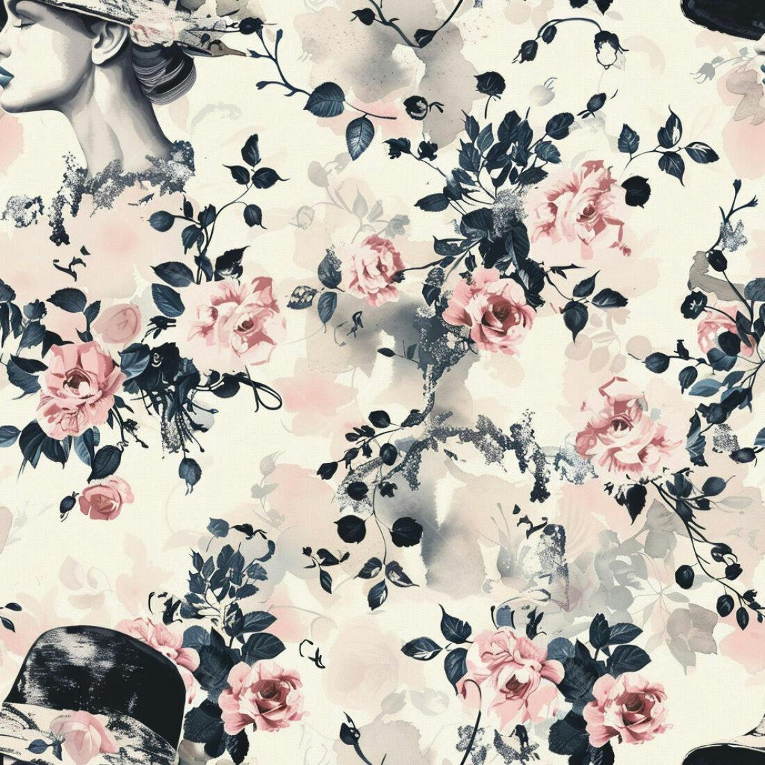 Textura Floral Rosas e Chapéus para Papel de Parede