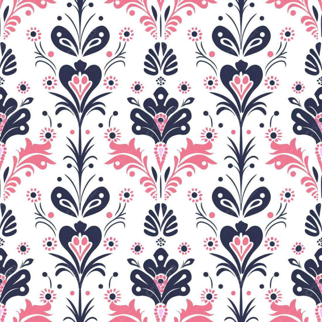 Textura Floral Damasco Rosa e Azul para Papel de Parede